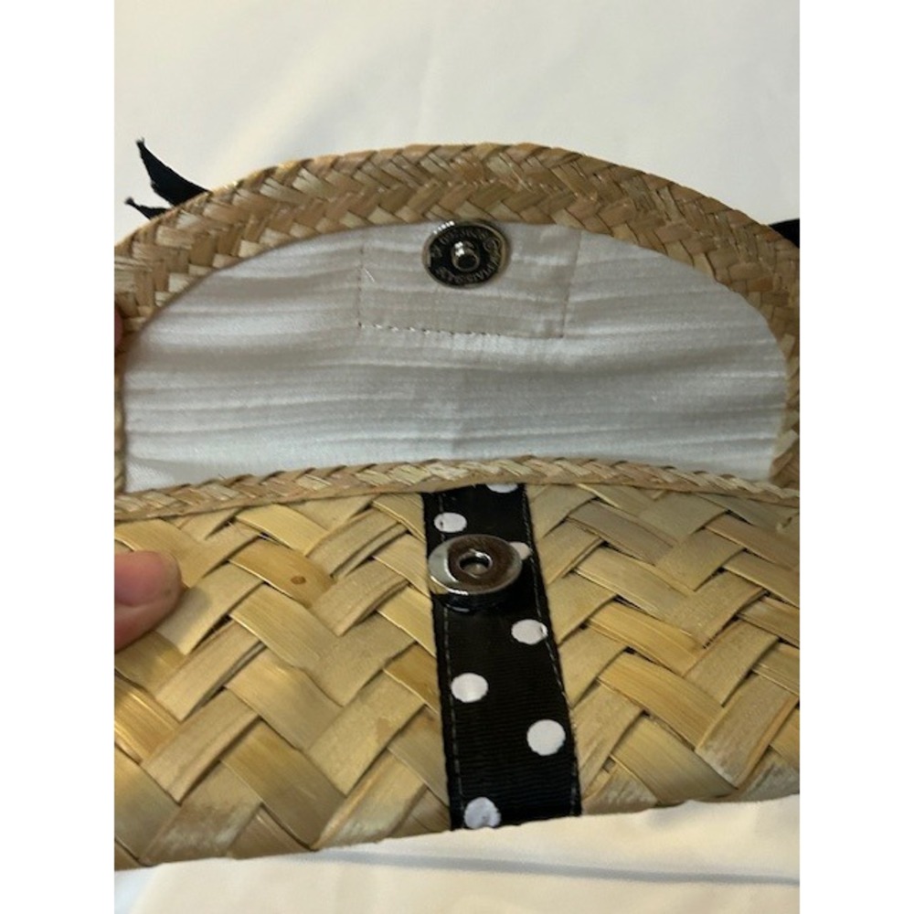 Vintage Depre Bahamas Straw Woven Clutch Black Polka Dot Bow Envelope Style - Picture 7 of 14